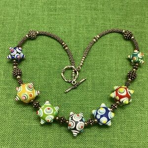 Lampwork glass beaded necklace whimsical multicolored silvertone eclectic boho